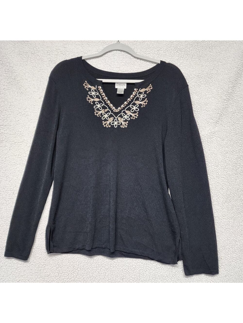 Chicos 2 Long Sleeve Black Sweater Top Size L Embroidered Embellished Stretch
